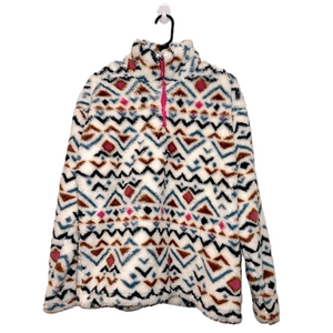 EDDIE BAUER White, Pink, Brown, & Blue Plush Chevron Quarter Zip Pull Over